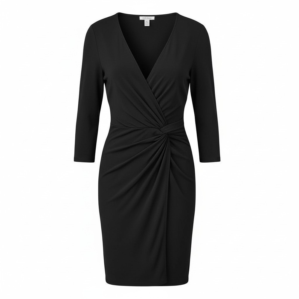 White House Black Market Black Faux Wrap Knot Detail 3/4 Sleeve Dress XS
